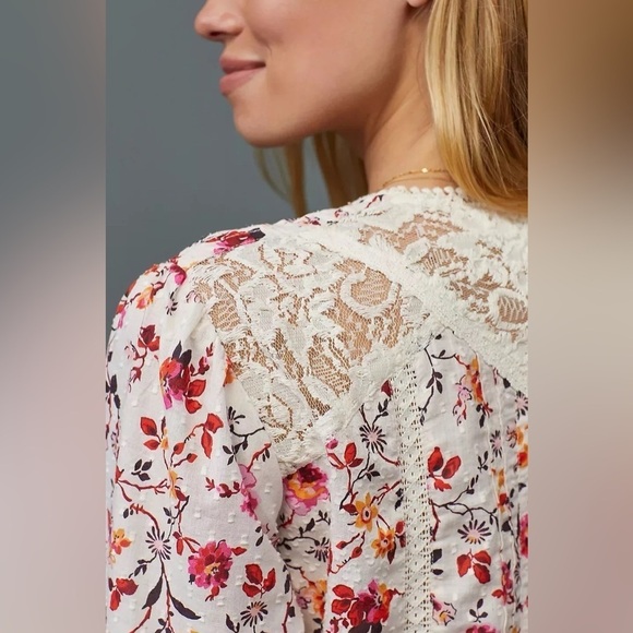 Anthropologie Puff-Sleeved Floral Lace Button Down Top, Size 14 - Picture 4 of 12